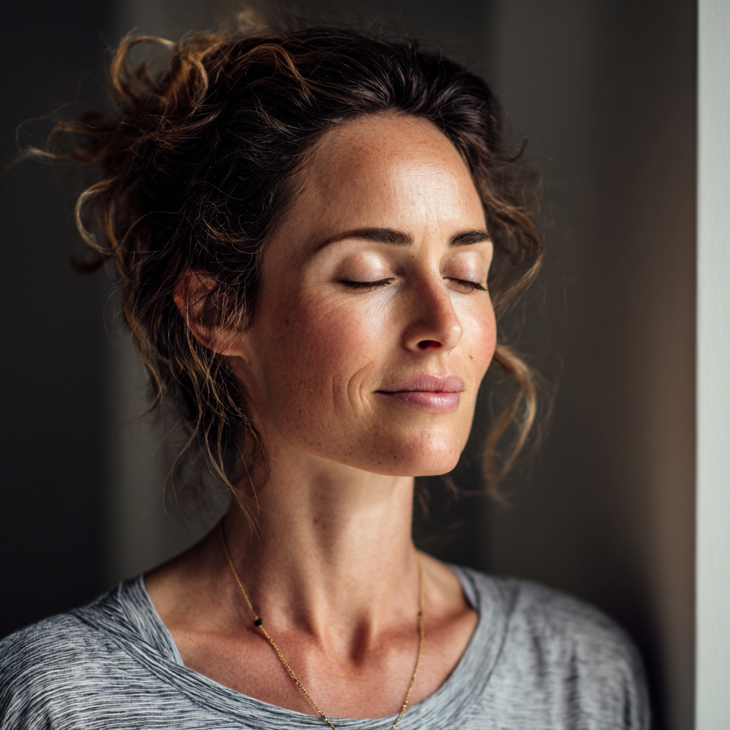 Smiling Hungarian woman in her 40s practicing yoga in a serene studio environment with natural lighting